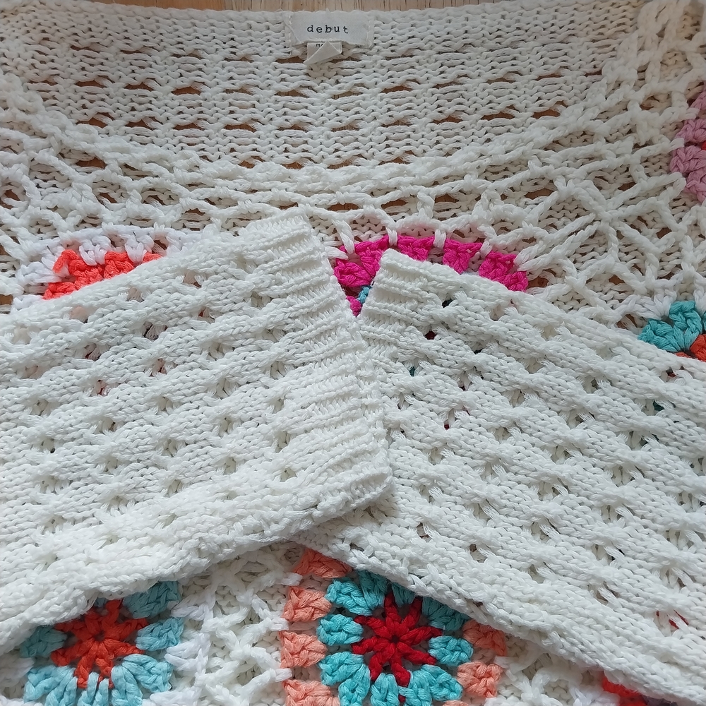 Debut Open Weave White Colorful Knit Cropped Pullover Top Size M Hippie Festival - Picture 5 of 9